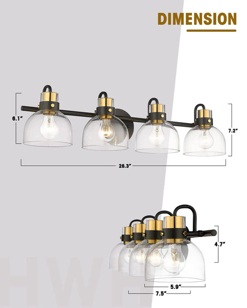 Dimensions of Four Light Bathroom Vanity Wall Sconce Over Mirror With Clear Glass Shades Black Backplate And Brushed Gold Finish