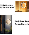 Drop Dead Gorgeous Led Moon Wall Light Solid Aluminum Build IP54 Weatherproof Outdoor Sconce shown on wall with stainless steel details.