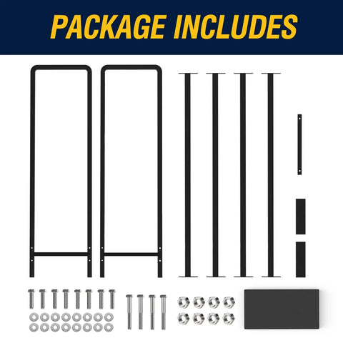 Package contents of 8ft Heavy Duty Firewood Rack including steel frame components and hardware for assembly