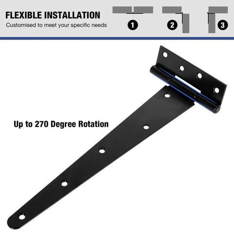Heavy Duty 12 Inch T Strap Black Gate Hinges Featuring Dang Smooth 270 Degree Rotation For Barn Shed And Fence Gates, matte black steel design.