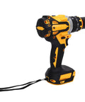 Heavy Duty Brushless Cordless Drill Packing Hella Strong 100Nm Max Torque And Blasting 2000Rpm Speed for wood drilling, black and yellow design.