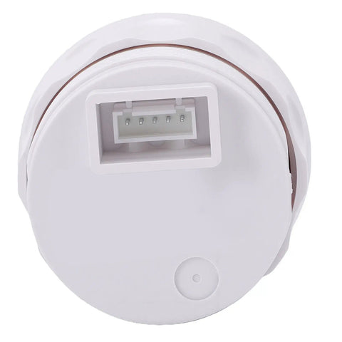 Premium Fuel Sender Unit With Analog Gauge Kit, round white housing with connection port, fits heavy-duty marine trucks and RVs.