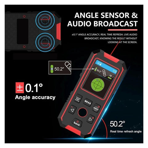 Straight Shooting 3 In 1 Stud Finder And Wall Scanner With Laser Tape Measure Quick AC Wire Metal Pipe Locator Bright Screen showing angle sensor with audio broadcast and accuracy display.