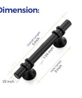 Diagram showing 5-inch matte black cabinet pull with round base, 30 pack, 3-inch center to center hole spacing, sleek design.