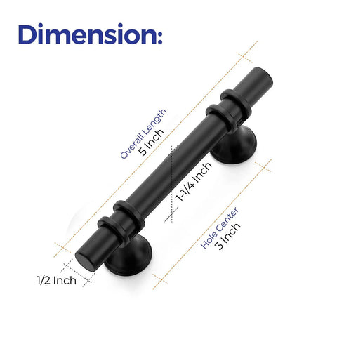 20 Pack 5 Inch Cabinet Pulls With Round Base Matte Black Drawer Handles For Kitchen Cupboards And Cabinets shown with dimensions