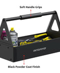 Grippy Handle Metal Tool Tray Portable Tote For Home Garage Warehouse And Shop Easy Tool Organization Durable Black Metal Storage Tray For Wrenches Screwdrivers And Small Parts, shown in black with soft handle grips and tools inside.