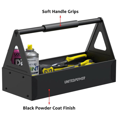 Grippy Handle Metal Tool Tray Portable Tote For Home Garage Warehouse And Shop Easy Tool Organization Durable Black Metal Storage Tray For Wrenches Screwdrivers And Small Parts, shown in black with soft handle grips and tools inside.