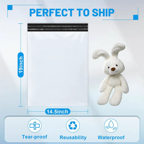 Heavy Duty Weatherproof Poly Mailers 14.5x19 Inch 200 Pack Shipping Bags Built Tough For Clothing Apparel No Sweat Packing with stuffed bunny.
