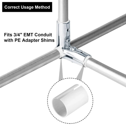 Rock Solid Ninety Degree Three Way Cross Pipe Connector Clamps For Three Quarter Inch Emt Conduit connecting 3/4 inch EMT conduit with PE adapter.