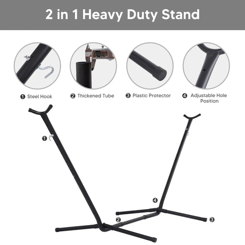 2 In 1 Portable Hammock With Stand Included Convertible Double Hammock To Hammock Chair Outdoor Patio Lounger For Backyard Camping Sunroom Patented Adjustable Stand Dark Grey showing adjustable heavy duty stand with steel hook and plastic protector details