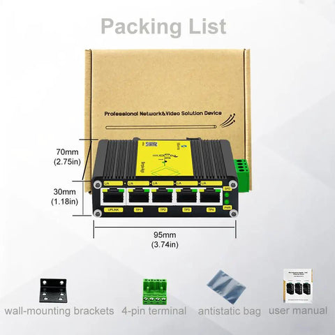 Rugged Industrial Five Port Gigabit Switch With DC 12 To 48V Input Din Rail And Wall Mount IP40 Protection, packing list displayed