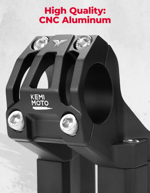 Close-up of Raised Four Inch Direct Mount Riser Stem, CNC Aluminum for Surron Light Bee X160 X260 Talaria XXX bikes.