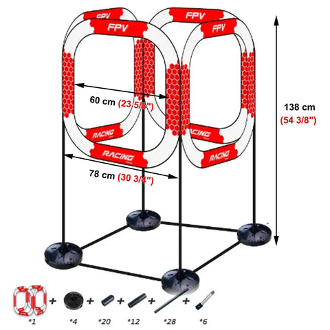 Drone Obstacle Course Kit For Micro Drones with two FPV racing gates, 138 cm tall, adjustable configuration, includes setup parts.