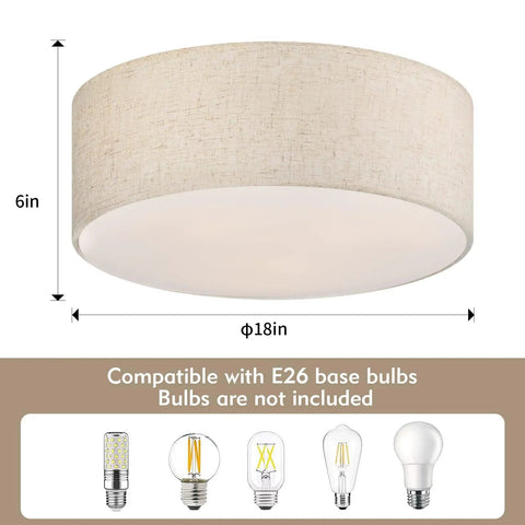 Dimensional view of Three Light Drum Ceiling Light Fixture With Linen Fabric Shade Modern Farmhouse Flush Mount Round Lighting