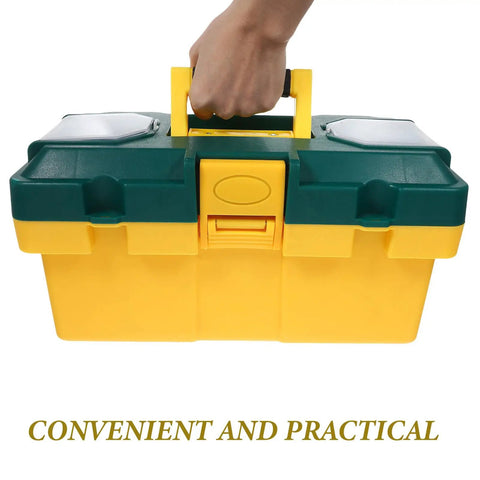 Grab And Go Plastic Toolbox Featuring Nifty Small Parts Compartments For Weekend Warriors And Road Trips portable yellow and green toolbox with handle.