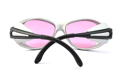 Rock Solid 808nm Infrared Laser Safety Glasses With Tough As Nails Protective Eyewear For Diode Lasers, pink-tinted lenses and black rubber arms.