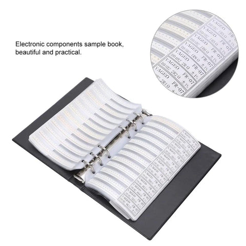 Top Tier 0402 Resistor Assortment Kit With 8500 Pieces And 170 Values Locked In A Labeled Sample Book open with organized resistors.