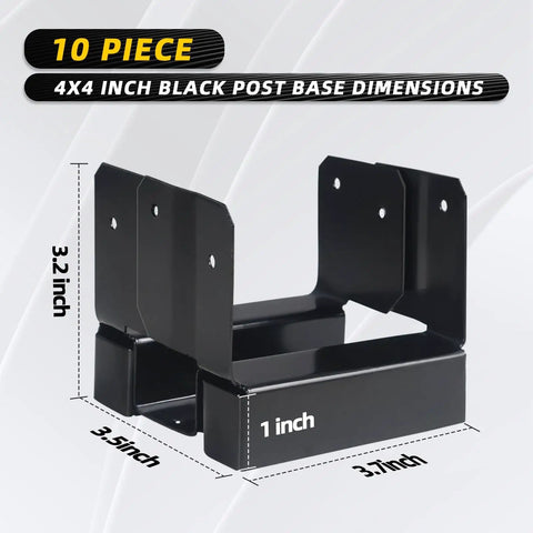 10 Pack 4x4 Post Base Anchors For Concrete, Wood Or Iron Posts, Great For Pergolas, Fences, Decks, Mailboxes, And Other Outdoor Posts, Heavy Duty Bracket Kit In Black dimensions