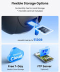 Flexible storage options for 4G LTE Cellular Security Camera Outdoor Solar Powered With 360 Pan Tilt And Auto Tracking No WiFi Needed Color Night Vision AI Detection Built In SIM Card PTZ Lite Plus Solar Panel, showing microSD card slot, Reolink Cloud, and FTP server options.