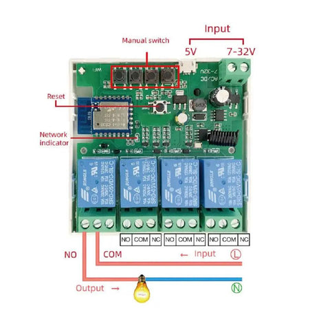 4 Channel Smart WiFi Relay Module with Bluetooth and RF Remote Control Dry Contact Switch circuit board, input-output labeled
