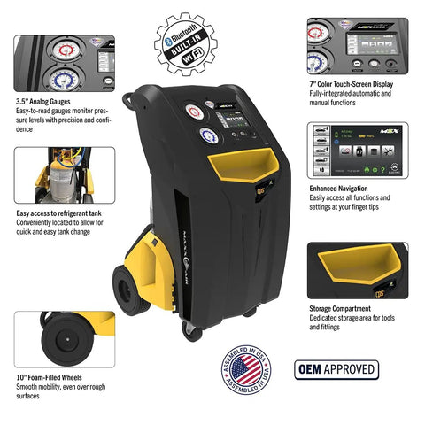 Zero Sweat R134a Air Conditioning Recovery And Recharge Unit with 7 inch touchscreen and 10 inch wheels for mechanics using it in shop.