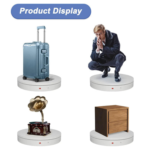 Smooth Operator Heavy Duty Motorized Turntable Remote Controlled Speed Adjustable Rotating Display Platform For Photography And 3D Scanning Handles Up To Five Hundred Pounds In Sleek White with suitcase, vintage gramophone, and wooden cabinet.