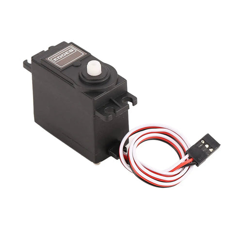 Smooth Operator Low Noise RC Servo With Fast Spin Plastic Motor For HPI And Futaba RC Models, lightweight black housing with wires.