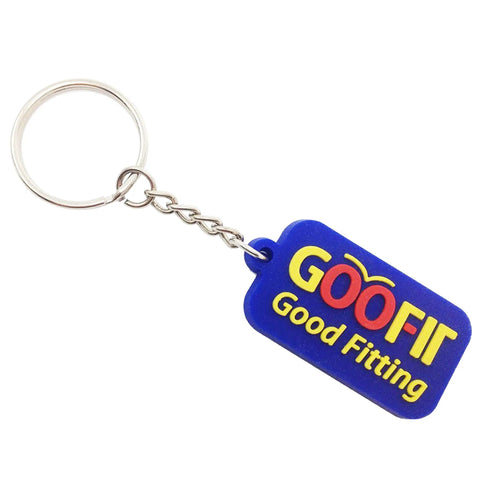 Keychain with blue tag featuring 'GOOFIT Good Fitting' text in yellow and red