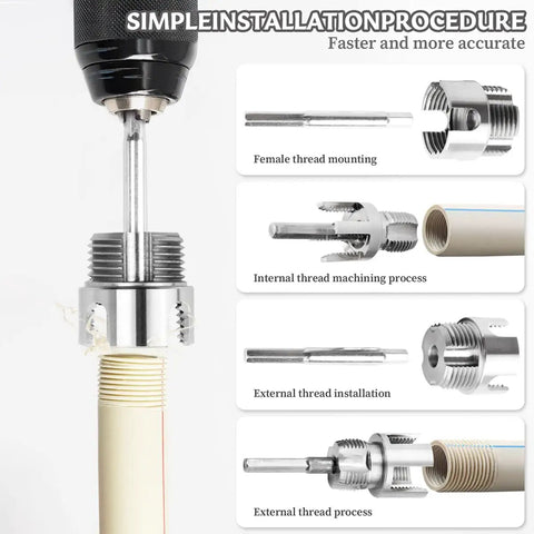 Installation guide for Heavy Duty Three Piece Pipe Thread Kit With No Fuss Dual Function Internal And External Threading For PVC and plastic pipes.