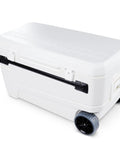 MaxCold Glide 110 Qt Insulated Rolling Cooler with Soft Ride Wheels, showing telescoping handle and side wheels