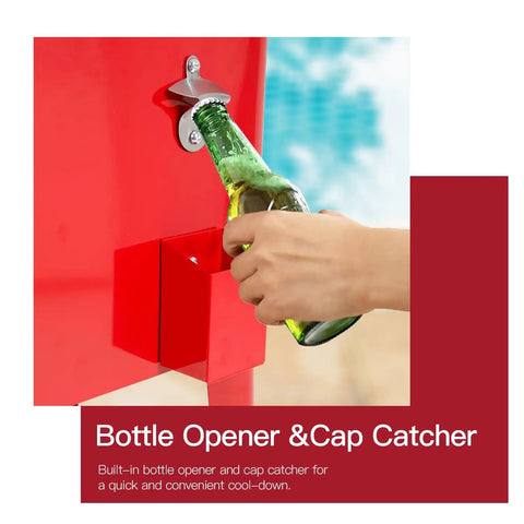 Close-up of bottle opener and cap catcher on 80 Quart Rolling Ice Chest With Wheels For Backyard BBQs And Parties, Patio Cooler.