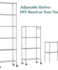 Premium Heavy Lifter 2 Pack 6 Tier Wire Shelving Units With Easy Roll Casters And Rust Free Hooks For No Sweat Home And Garage Organization Flexible Rack Setup in various heights.