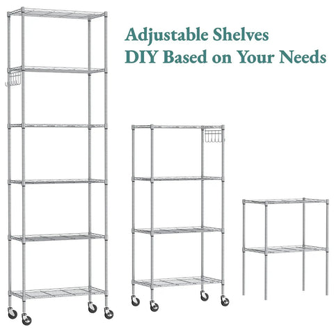 Premium Heavy Lifter 2 Pack 6 Tier Wire Shelving Units With Easy Roll Casters And Rust Free Hooks For No Sweat Home And Garage Organization Flexible Rack Setup in various heights.