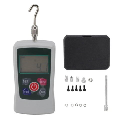 Hella Accurate Mini Digital Force Gauge Featuring 50 Up To 500N Measurement Range Built In Sensor For Material Mechanics Product Development And Quality Control Badass Tensiometer Testing Device with digital display and accessories.