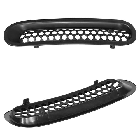 Matte Black Front Mesh Grille Inserts For 2007 2015 Jeep JK Wrangler with round slots, top and bottom view, 8-piece UV-treated ABS plastic