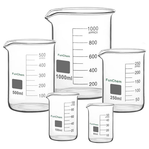 Glass Measuring Beaker Set, Five Piece Borosilicate Griffin Low Form, Graduated Lab Beakers With 50 ml 100 ml 250 ml 500 ml 1000 ml
