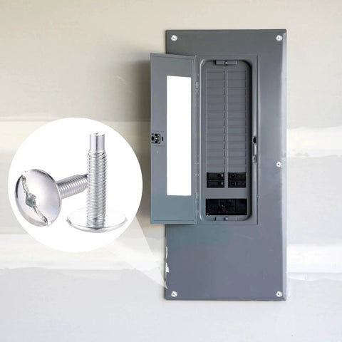 Roll With These Top Shelf 18 Piece Load Center Cover Replacement Screws Designed For Electrical Panels Compatible With Square D Siemens Qo Homeline Murray Heavy Duty Steel Hardware To Nail Down Any Breaker Box Task Flawlessly, showing screws next to electrical panel.