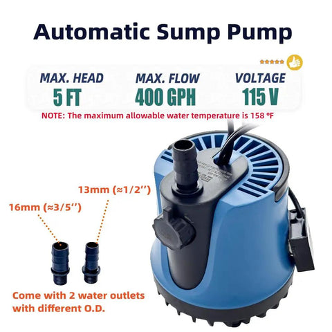 Image of Compact Tiny But Mighty Automatic Submersible Sump Pump 400 GPH 115V With Auto Shut Off, showing max head and flow specs.