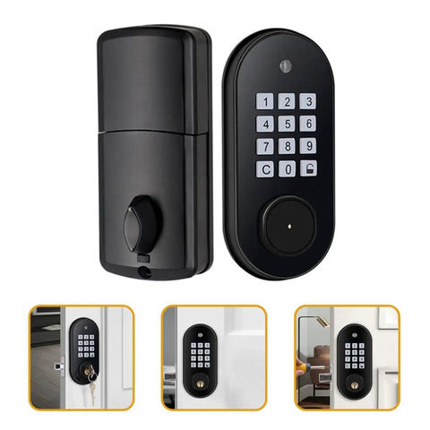 Keyless Entry Electronic Keypad Deadbolt Lock With Backup Keys Front Door Security System Black Finish view of keypad and lock design