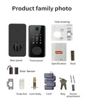 Slick Multi Language Smart Fingerprint Deadbolt Lock With Effortless Tuya App Pairing showing front and rear panels, door sensor, and accessories.