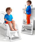 Rock Solid Two In One Toddler Potty Training Seat And Step Stool With Extra Wide Anti Slip Steps Adjustable Height Splash Guard Hassle Free Setup Kid Ready In Light Grey, child using it for potty training.