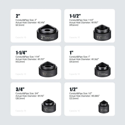 Hydraulic Knockout Hole Punch Driver Kit With Eight Ton Power, Six Dies From Half Inch To Two Inch, shown with individual die sizes