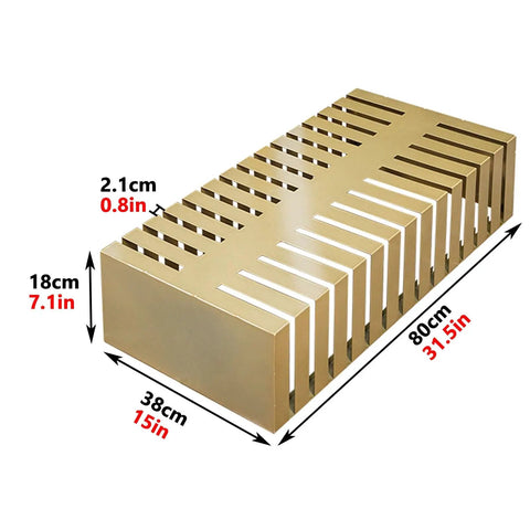 Top Shelf Compact Tile Sample Display Rack Loaded With 28 Deep Slots For Holding Building Materials And Ceramic Tiles Heavy Duty Gold Metal Stand Built Tough For Pros dimensions showing gold metal design.