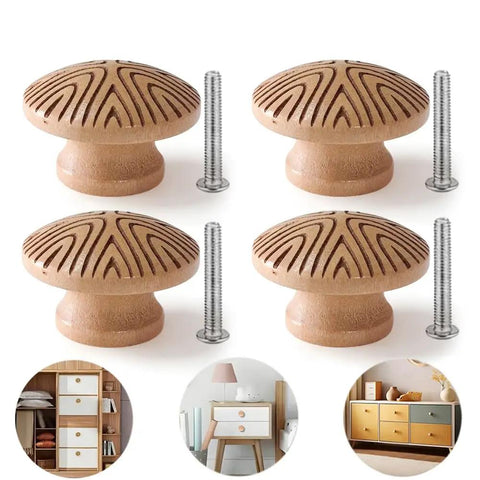 Handmade Boho Wood Cabinet Knobs 4 Pack Dope Mushroom Round Pulls With M4 Screws For Cabinets, Dressers, Wardrobes, Closets