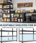 Heavy Duty Five Tier Metal Shelving Rack Featuring Reinforced Steel Frame And Durable Mdf Boards Holds Sixty Five Pounds Per Level in garage setup.