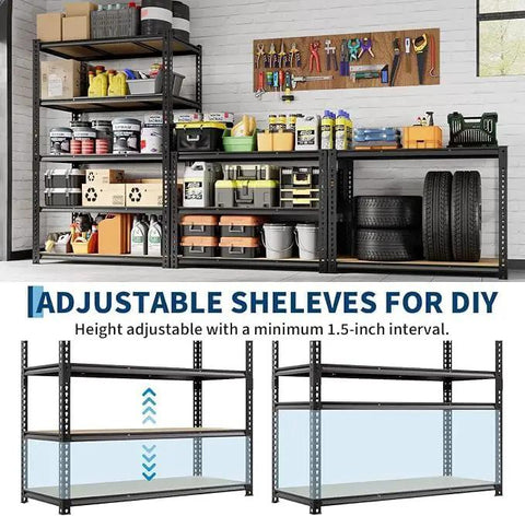 Heavy Duty Five Tier Metal Shelving Rack Featuring Reinforced Steel Frame And Durable Mdf Boards Holds Sixty Five Pounds Per Level in garage setup.