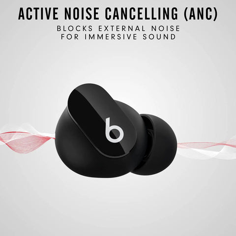 Black Studio Buds True Wireless Earbuds With Active Noise Canceling And Transparency Mode, shown with ANC feature highlighted.