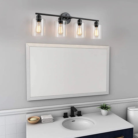 4 Light Matte Black Vanity Light Over Mirror With Clear Glass Shades Modern Farmhouse Wall Sconce For Bathroom UL Listed