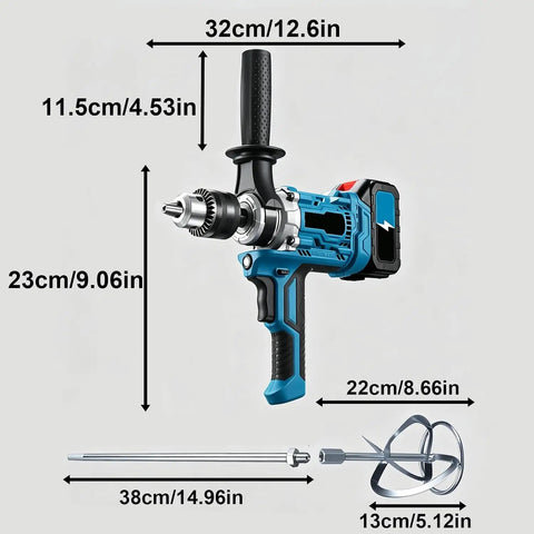 Tough As Nails Two In One Cordless Drill And Cement Mixing Tool With Two Speed Torque Control One Eighty Degree Rotatable Chuck LED Work Light Blue with measurement details.
