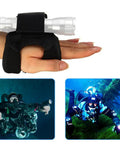 Waterproof Diving Flashlight Arm Strap And Wrist Holster With Universal Adjustable Soft Mount Neoprene Glove Mount, shown in use underwater and on hand